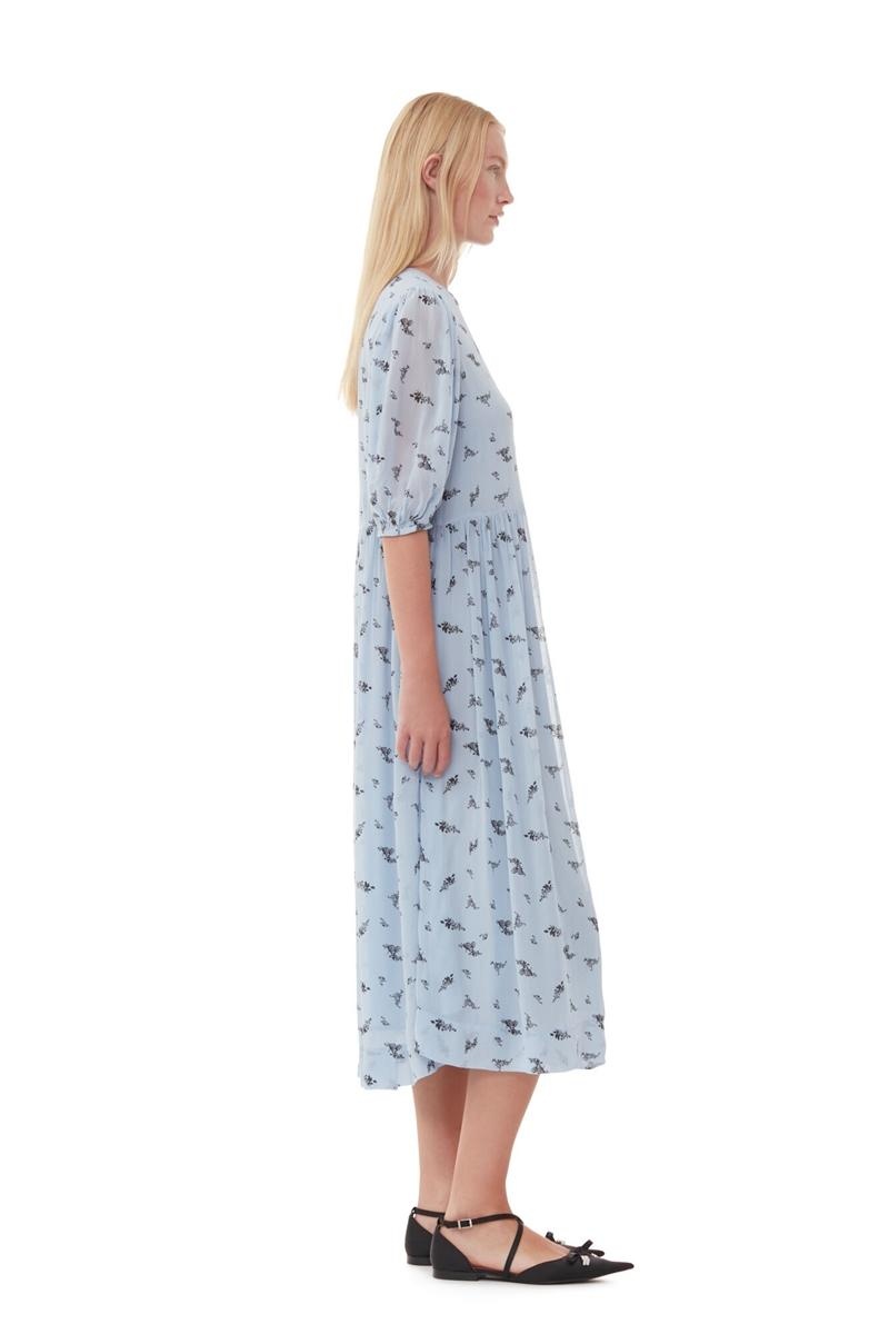 Ganni Printed Georgette Puff Sleeve Midi-kleid Blau | LQEFY2617