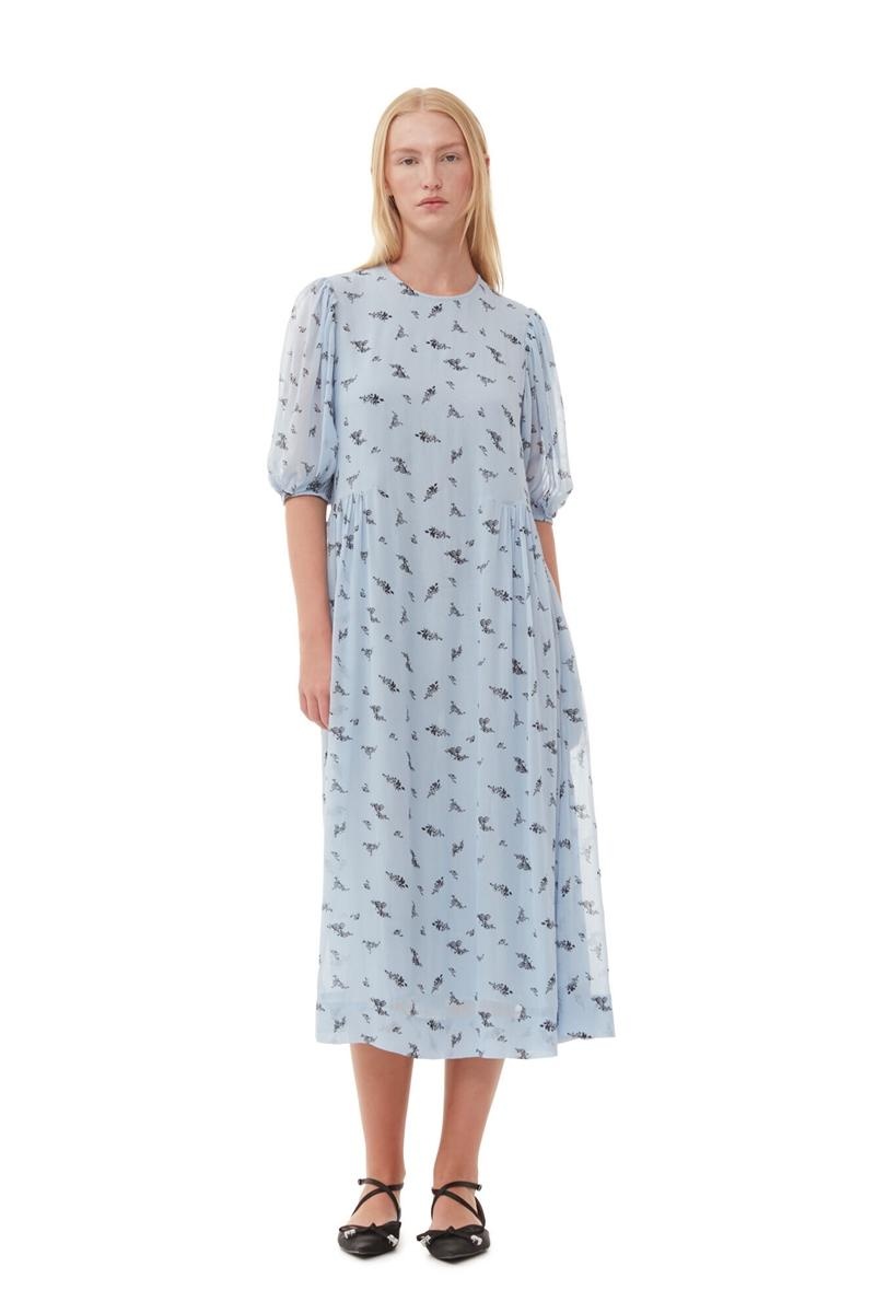 Ganni Printed Georgette Puff Sleeve Midi-kleid Blau | LQEFY2617