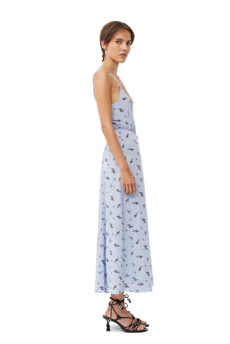 Ganni Printed Georgette Riemen Wrap Kleid Blau | ZQPVF3129