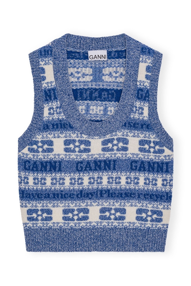 Ganni Re-cut Logo Wolle Mix Weste Silber Blau | KMPAU4872