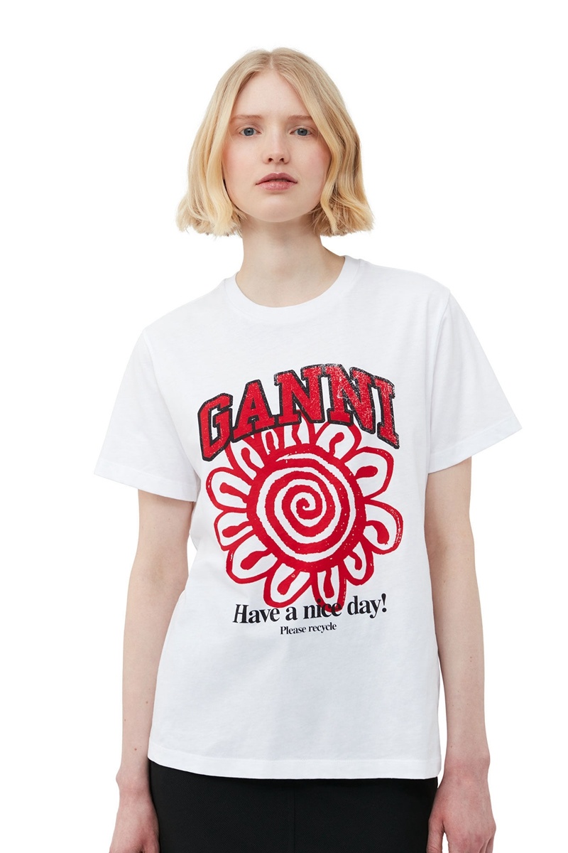 Ganni Relaxed Flower T-shirts Weiß | JRGVC9620