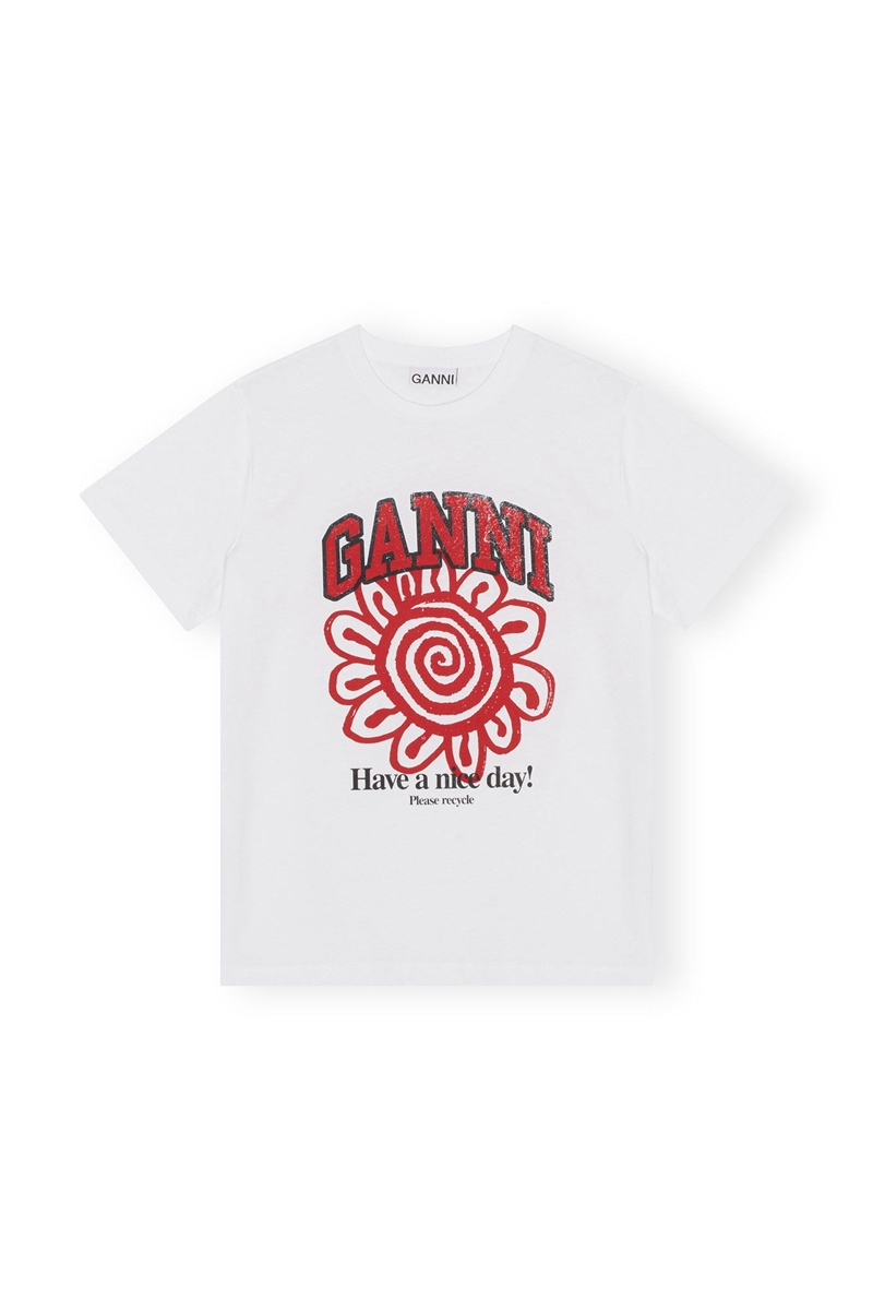 Ganni Relaxed Flower T-shirts Weiß | JRGVC9620