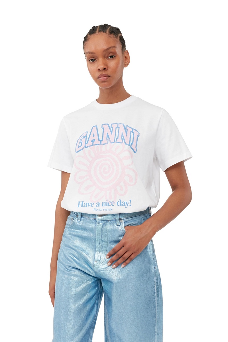 Ganni Relaxed Flower T-shirts Weiß | SKLCF6820