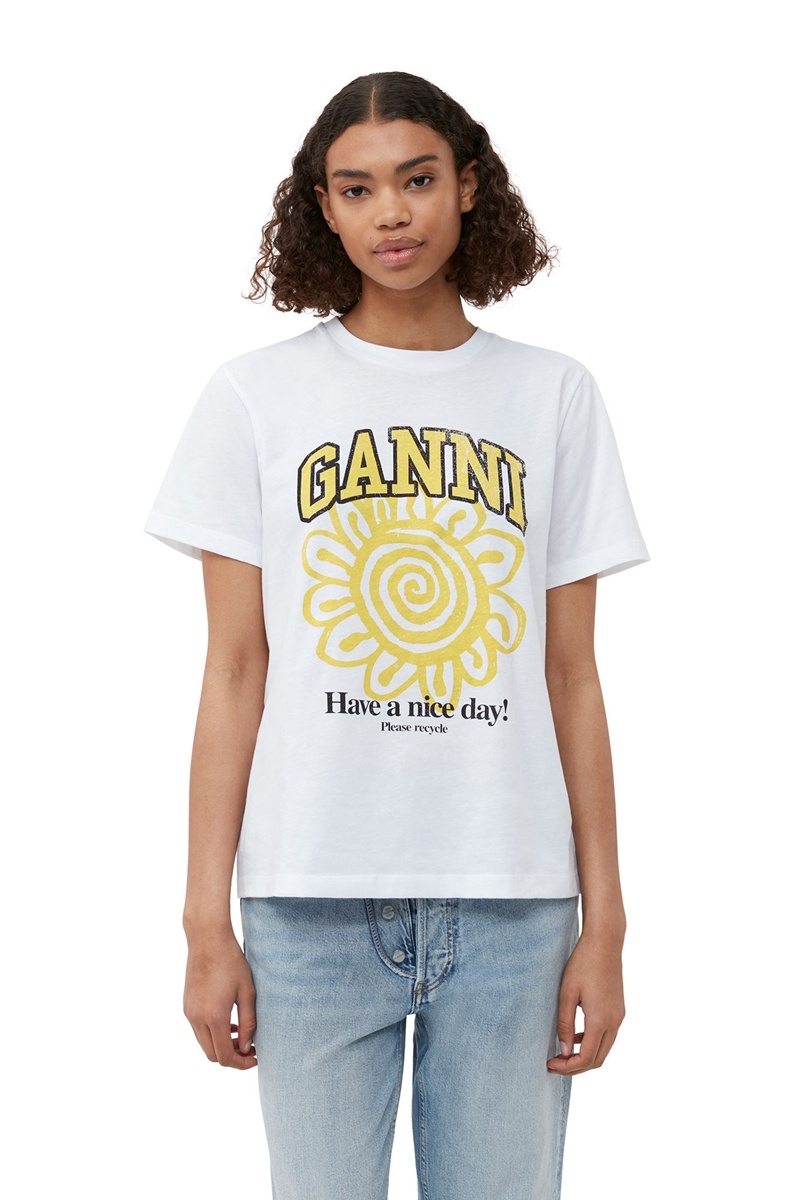 Ganni Relaxed Flower T-shirts Weiß | UNZXO3908