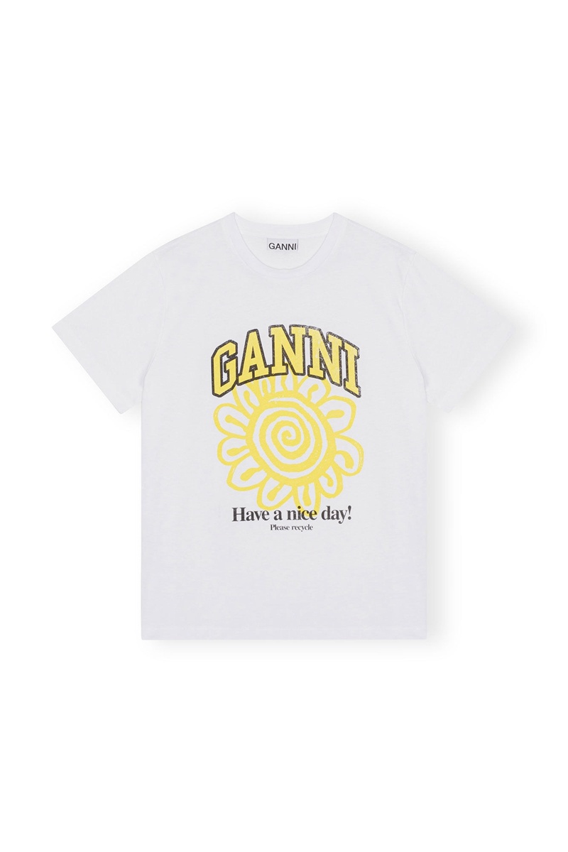 Ganni Relaxed Flower T-shirts Weiß | UNZXO3908