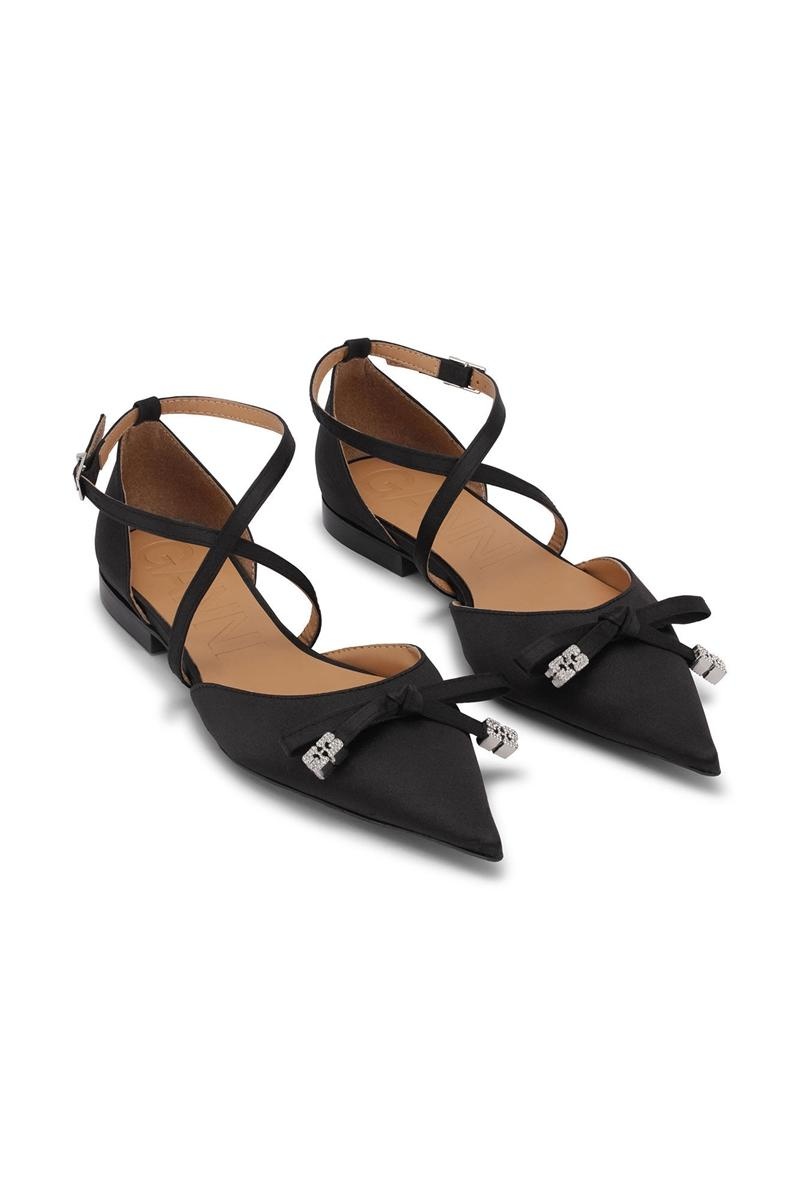 Ganni Satin Butterfly Pointy Ballerinas Flat Schwarz | RAKHS4653