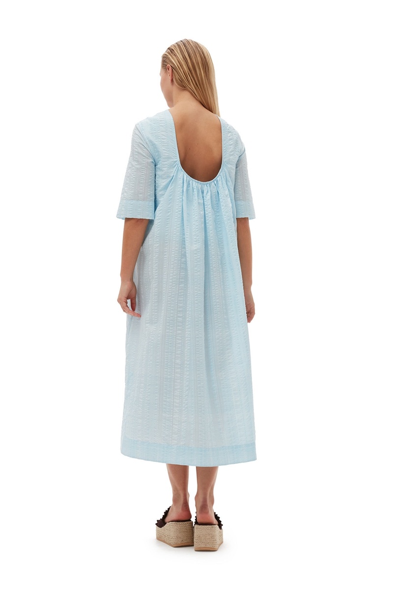 Ganni Seersucker Check Maxikleid Hellblau | QBTZP9152