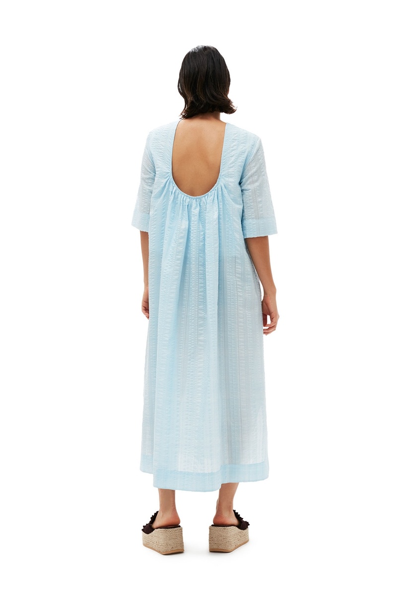 Ganni Seersucker Check Maxikleid Hellblau | QBTZP9152