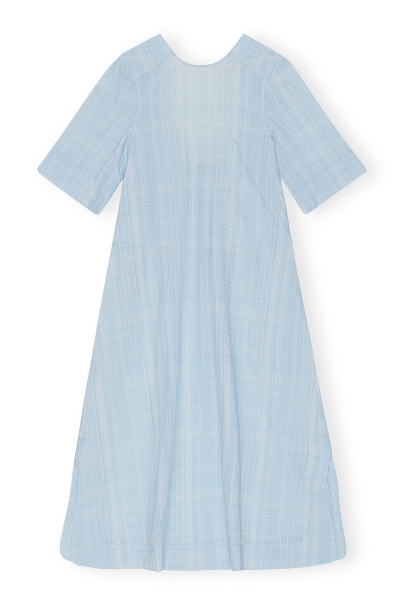 Ganni Seersucker Check Maxikleid Hellblau | QBTZP9152