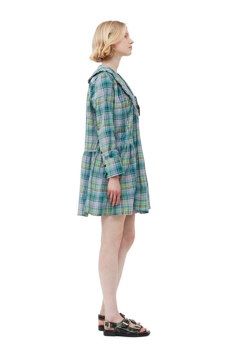 Ganni Seersucker Check Weite Minikleid Blau | BKLRT5801