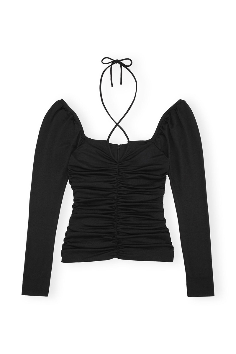 Ganni Shiny Crepe Jersey Ruched Bluse Schwarz | XNPBE4381