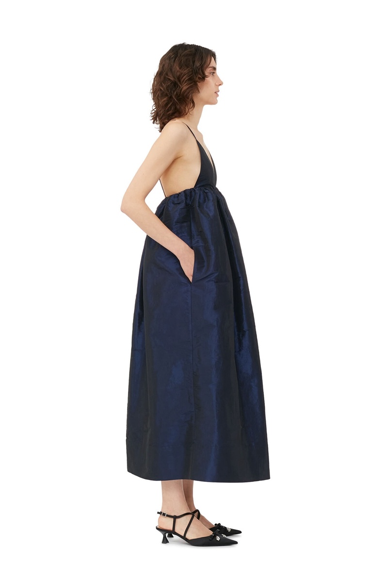 Ganni Shiny Taffeta Riemen Kleid Blau | GHRZN0136