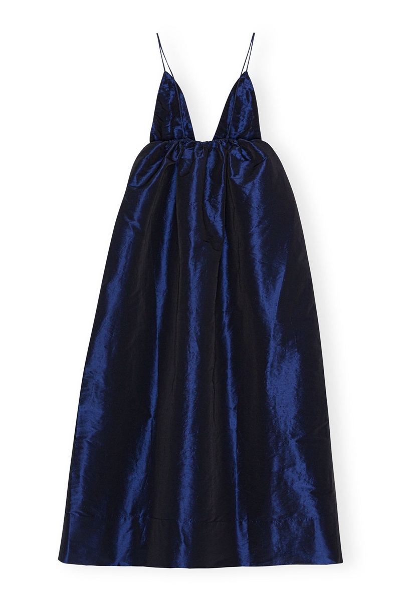 Ganni Shiny Taffeta Riemen Kleid Blau | GHRZN0136