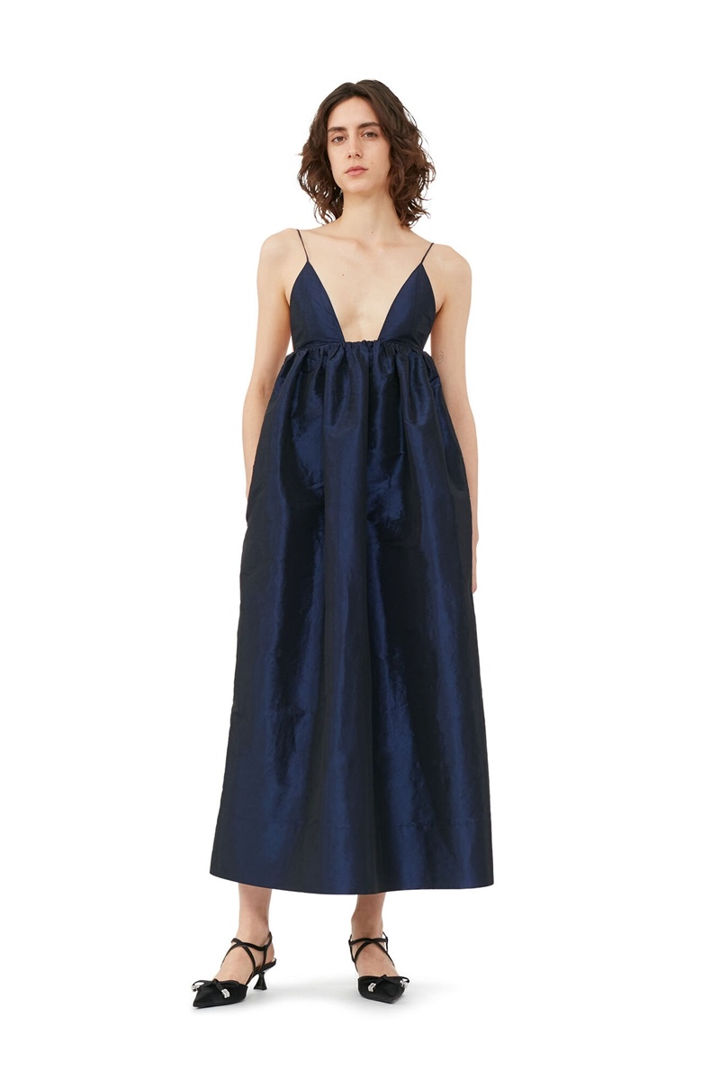 Ganni Shiny Taffeta Riemen Kleid Blau | GHRZN0136