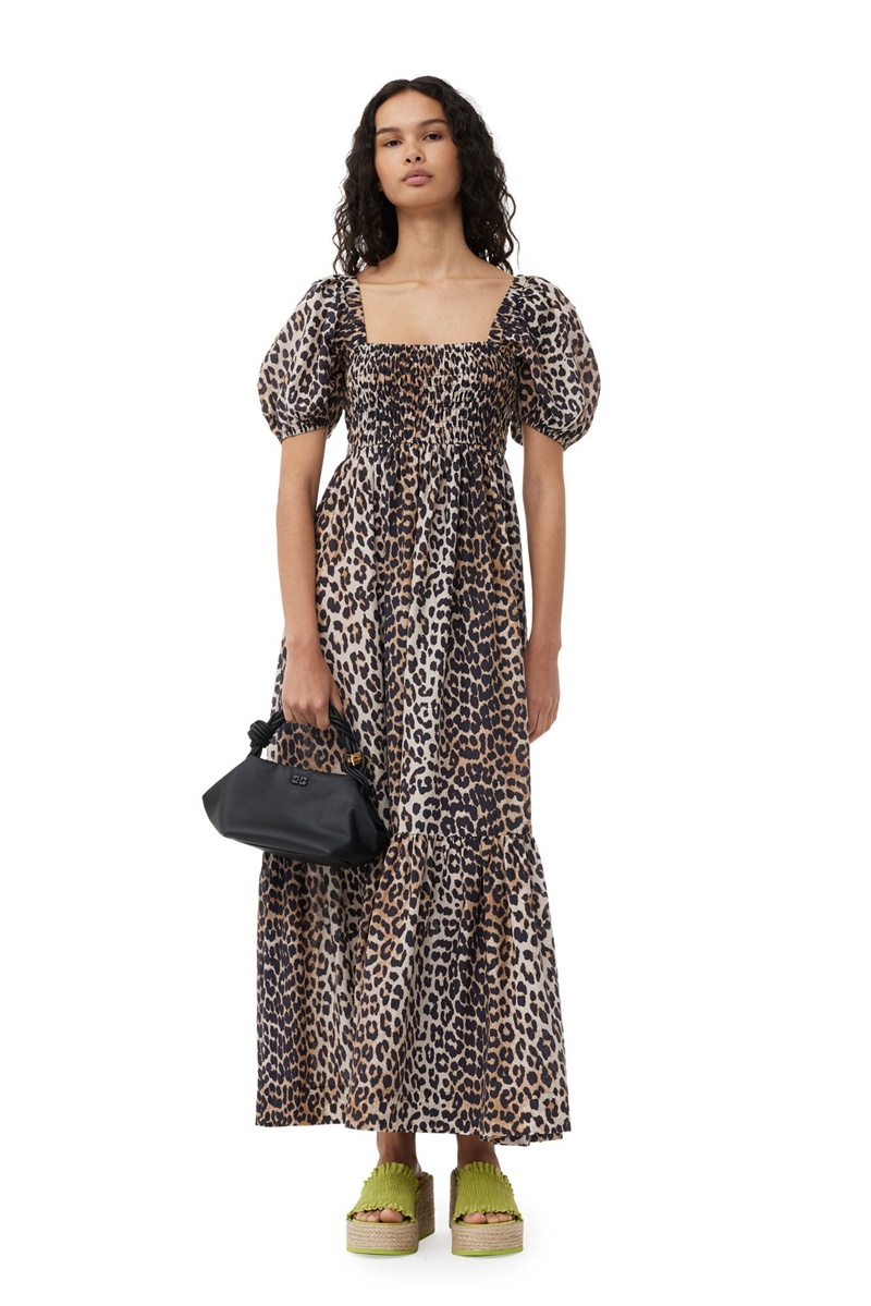 Ganni Silk Smock Maxikleid Leopard | WDESJ8153