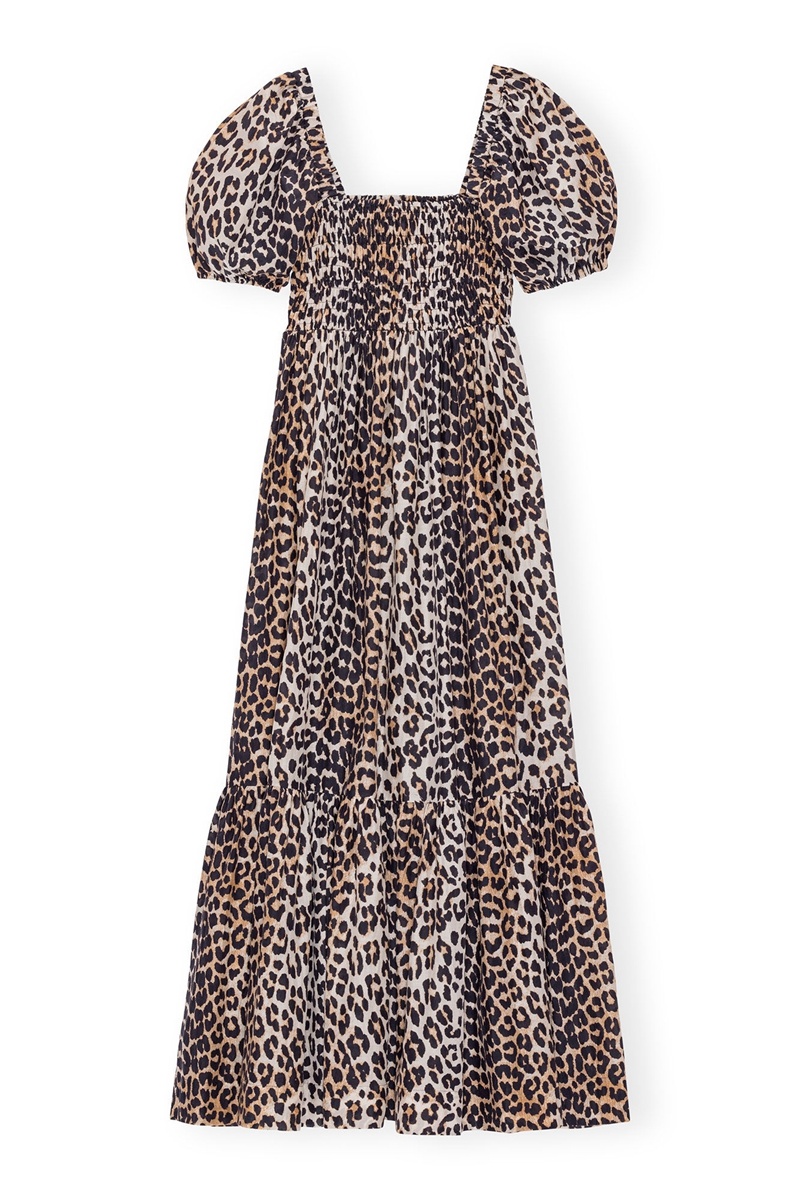 Ganni Silk Smock Maxikleid Leopard | WDESJ8153