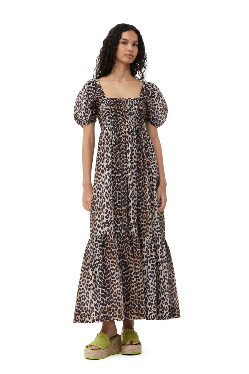 Ganni Silk Smock Maxikleid Leopard | WDESJ8153