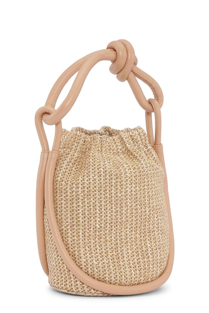 Ganni Small Knot Bucket Raffia Shoulder bag Braun | TKMOQ3076