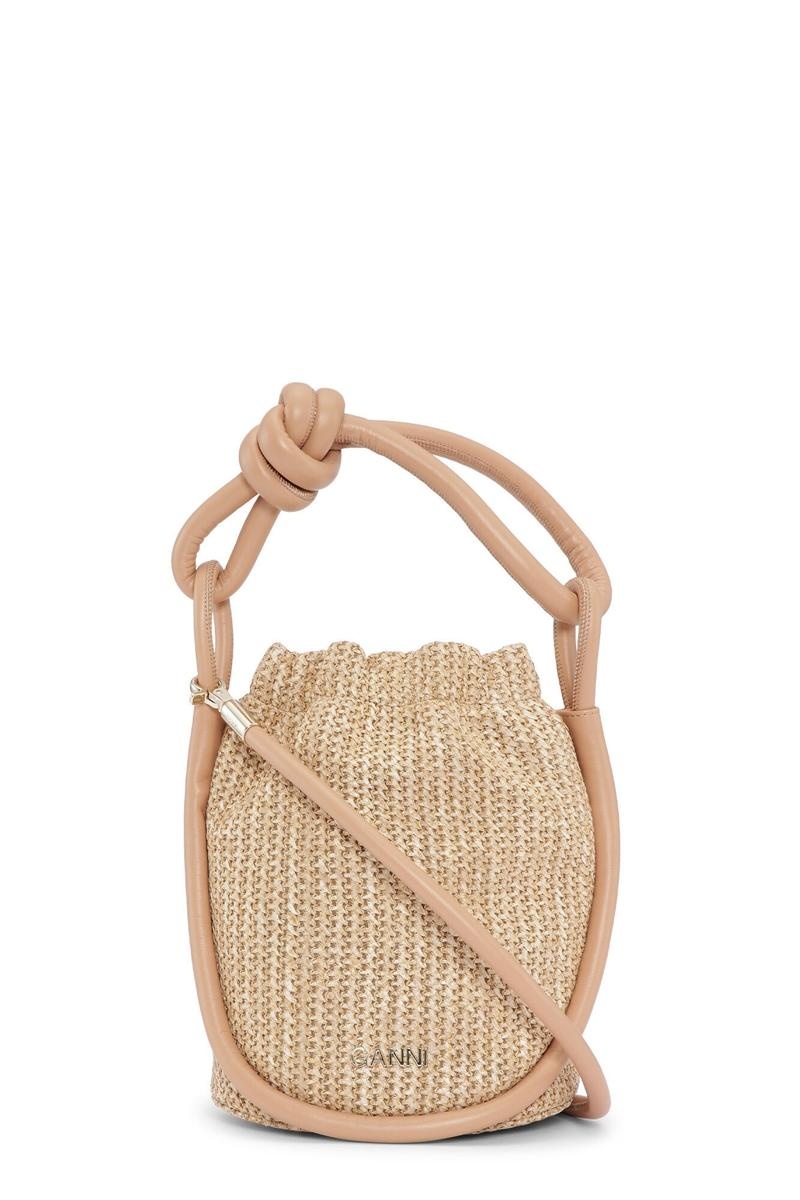 Ganni Small Knot Bucket Raffia Shoulder bag Braun | TKMOQ3076