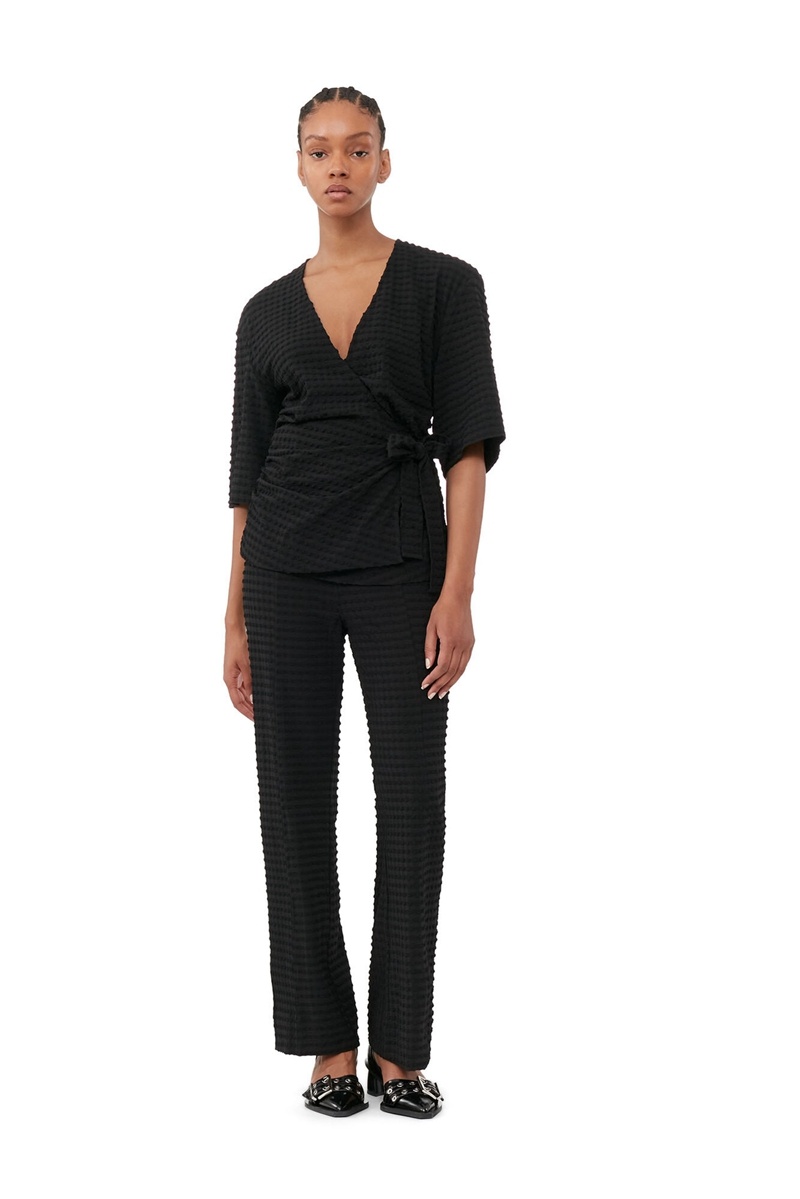 Ganni Stretch Seersucker Wrap Bluse Schwarz | DEMGP6142