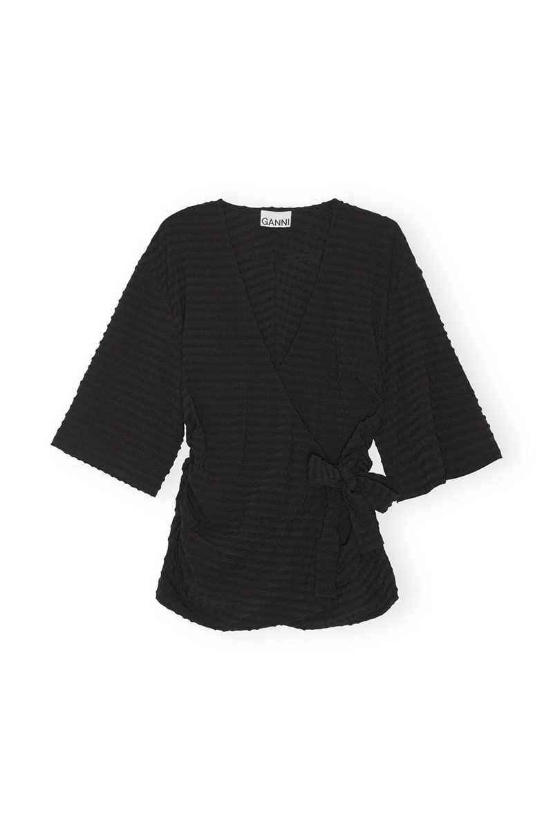 Ganni Stretch Seersucker Wrap Bluse Schwarz | DEMGP6142