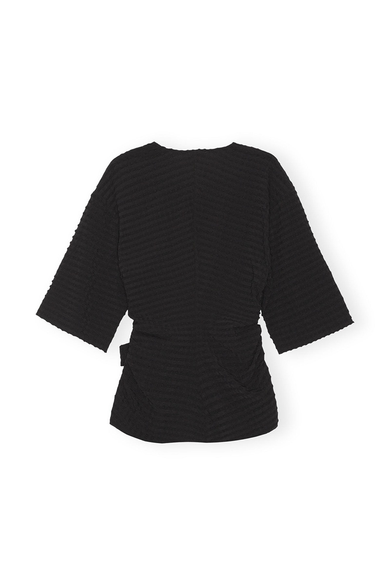 Ganni Stretch Seersucker Wrap Bluse Schwarz | DEMGP6142