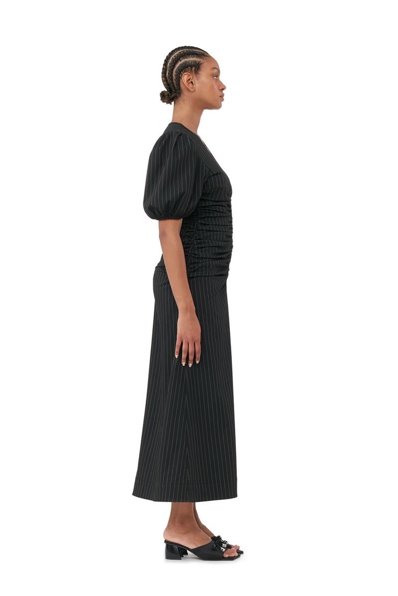 Ganni Stretch Stripe Gathered Long Kleid Schwarz | IXBCG4975