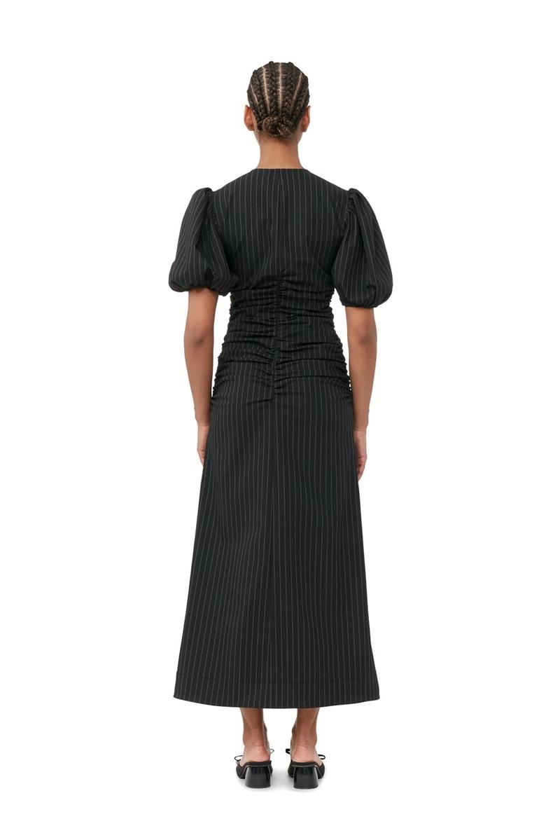 Ganni Stretch Stripe Gathered Long Kleid Schwarz | IXBCG4975