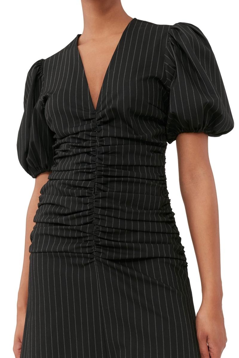 Ganni Stretch Stripe Gathered Long Kleid Schwarz | IXBCG4975