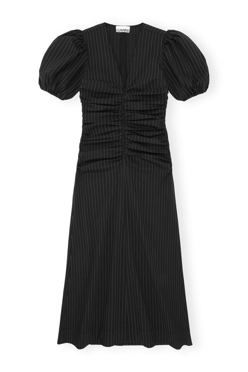 Ganni Stretch Stripe Gathered Long Kleid Schwarz | IXBCG4975