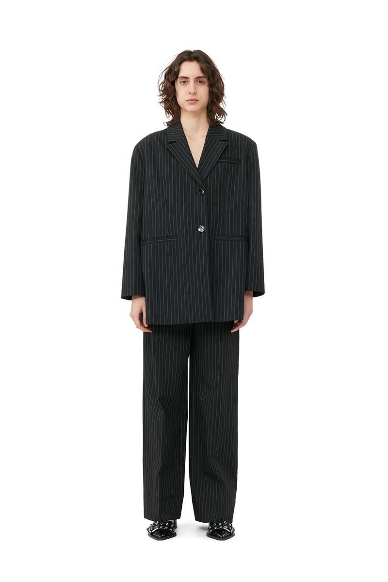 Ganni Stretch Stripe Oversized Blazer Schwarz | TVBNW7530