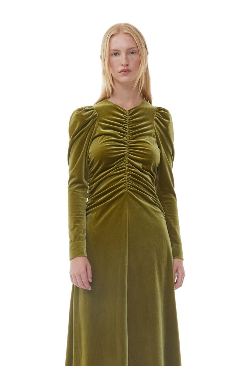 Ganni Velvet Jersey Long Kleid Senfgelb Grün | RTJLE9126