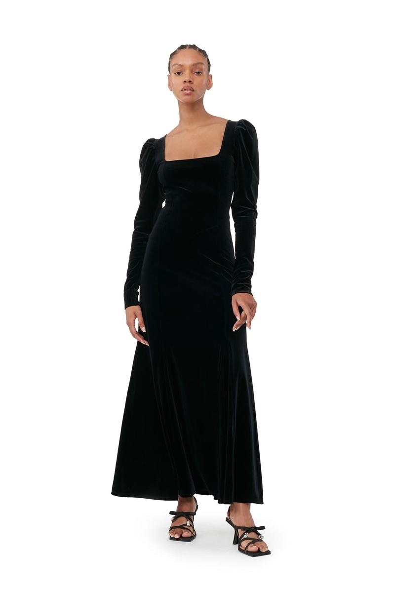 Ganni Velvet Jersey Maxikleid Schwarz | VTSKE9213